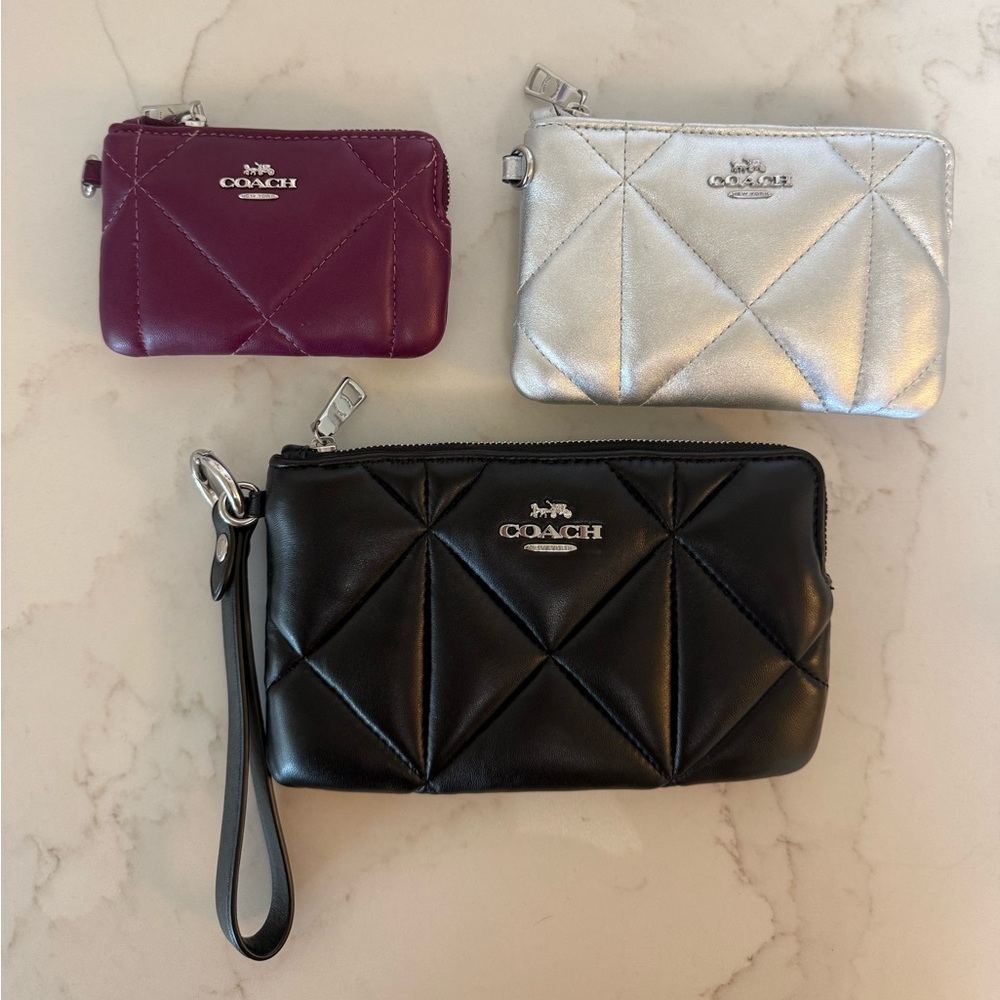 NWT Coach Corner Zip Trio Set.  Black, Silver, and Purple Quilted Wristlet Set - Picture 2 of 7